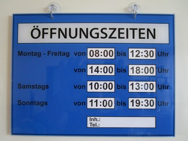 ÖFFNUNGSZEITEN SCHILD, Blau